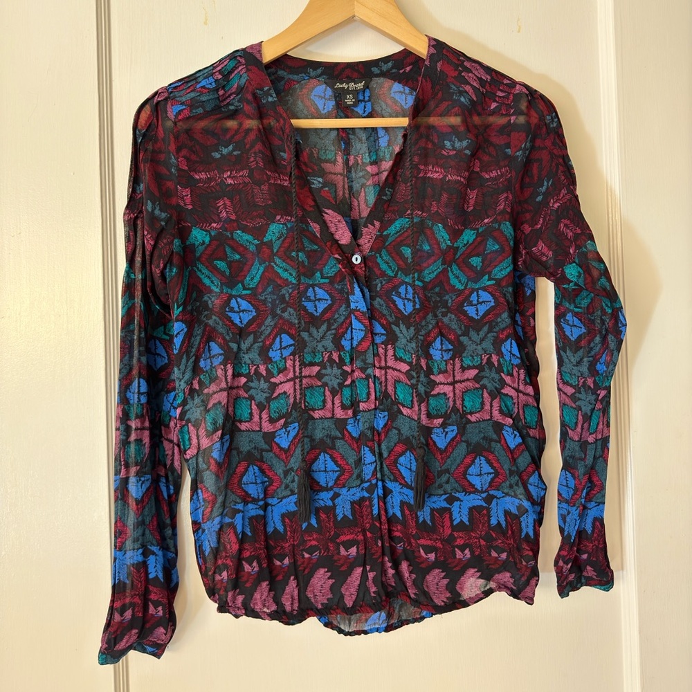 Lucky Brand Red and Blue Buttoned Blouse with Mandarin Collar